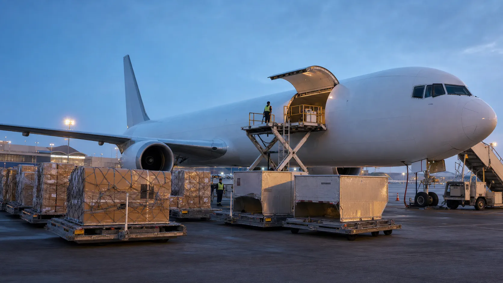Freighter aircraft loading boxed and palletised cargo on an airport apron