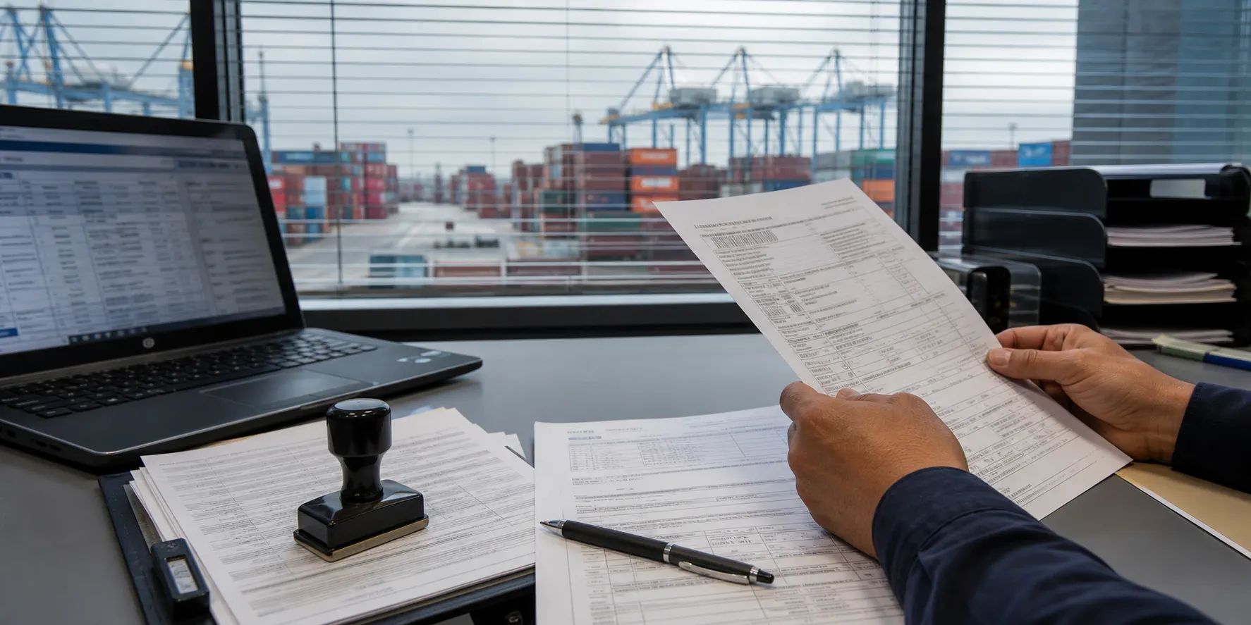 Customs documentation being reviewed in a port office