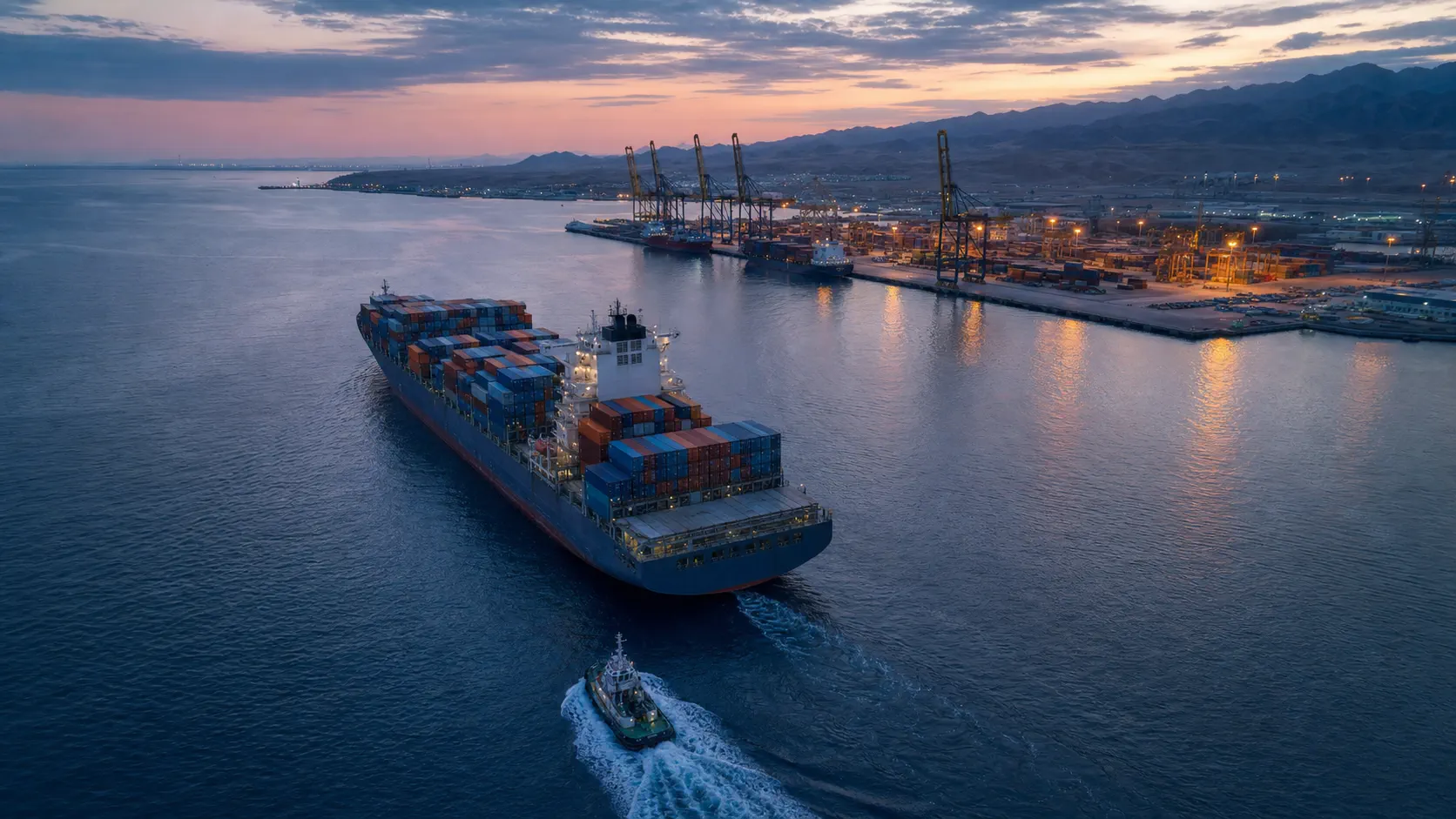 Container vessel approaching an Egyptian Red Sea port at dusk