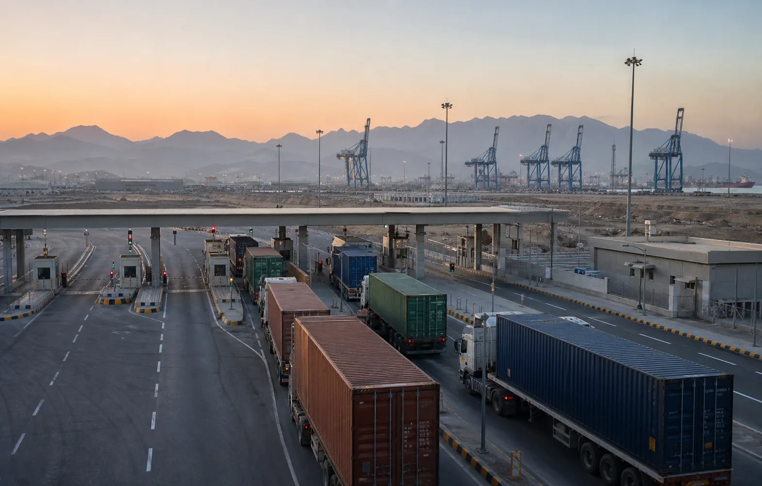 Container trucks entering Sokhna port at dawn