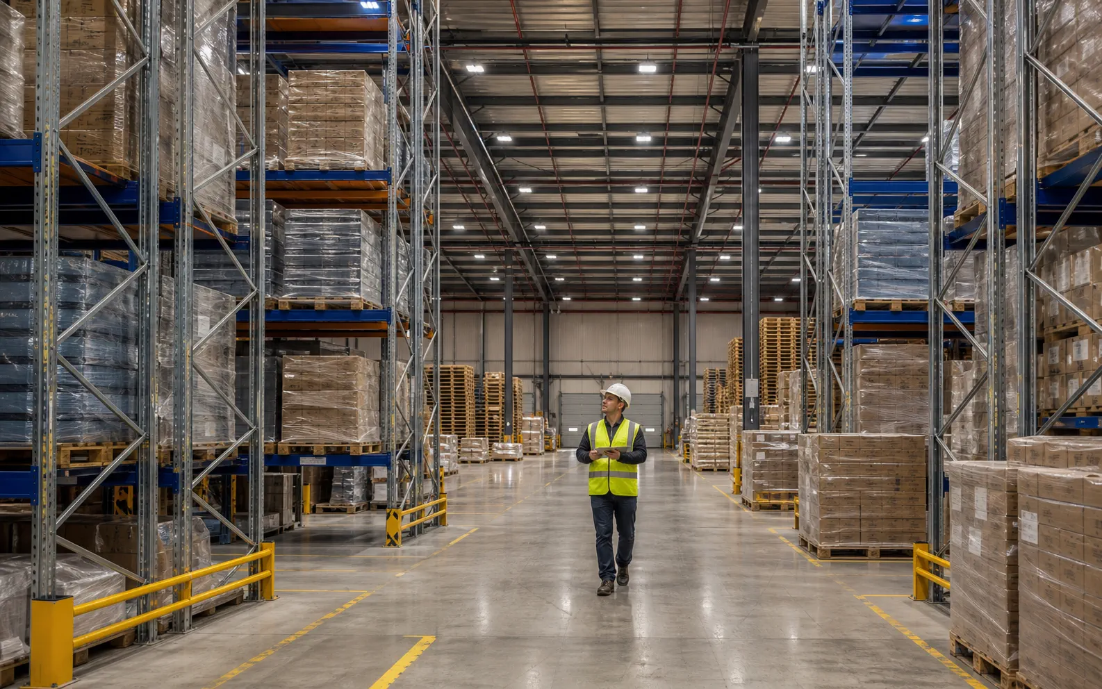 Organised pallet racking inside a modern logistics warehouse